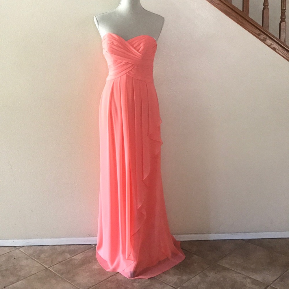 Coral strapless bridesmaid dress